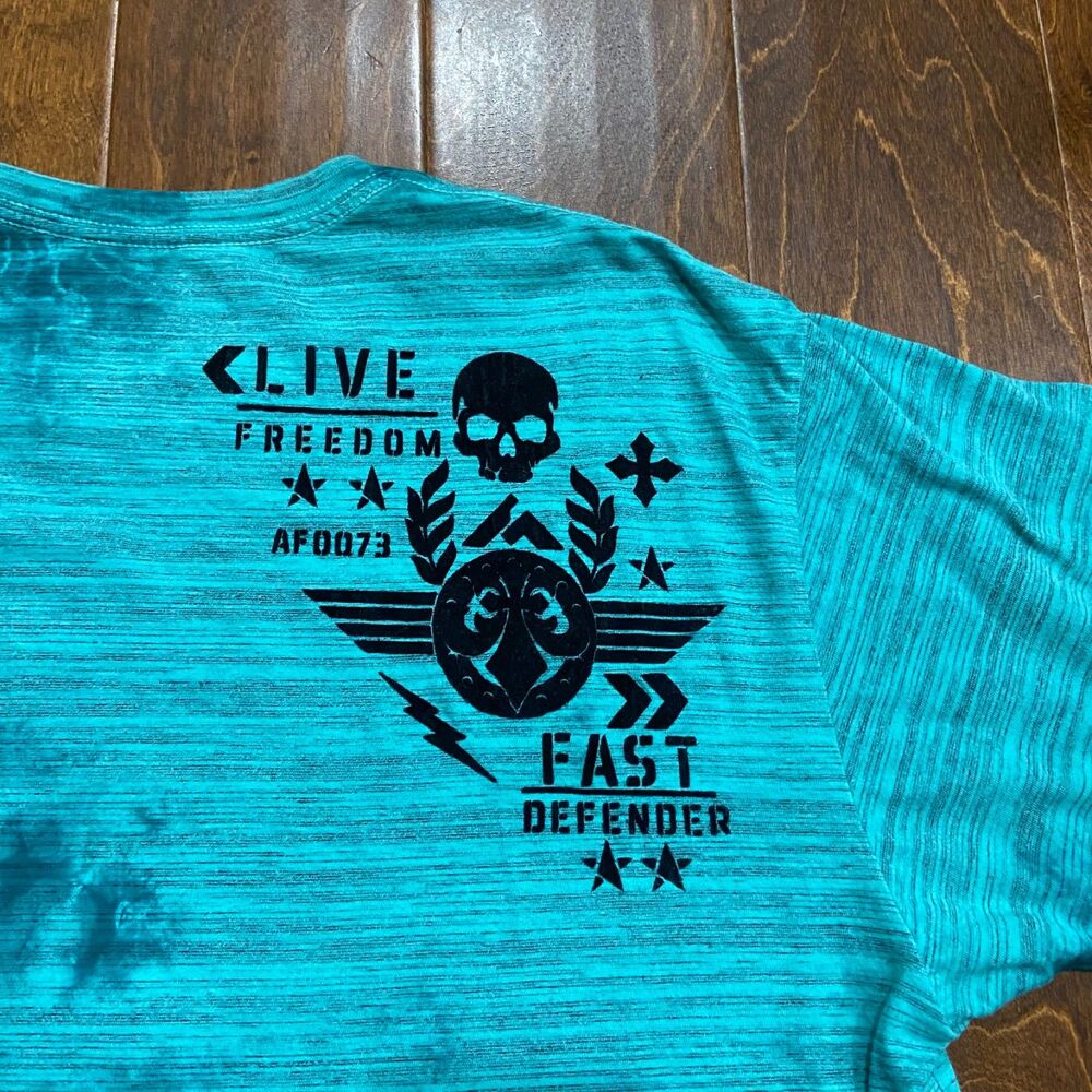 Affliction Live Fast Eagle Vintage Gothic Punk Washed Teal T-Shirt Mens Size 2XL - Picture 5 of 8